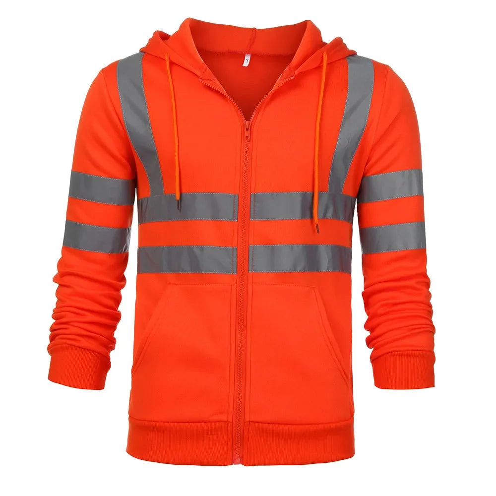 Men Reflective Strip Hoodies Casual Fit Work Safety Jackets Autumn Thin Fleece Hooded Zipper Sweatshirt Coats Workwear For Men