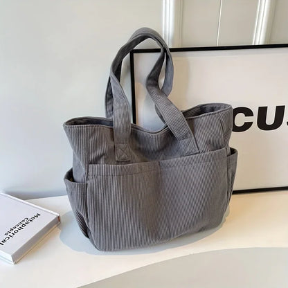 Large Capacity Women's Corduroy Tote Bag Casual Striped Shoulder Bag with Fixed Straps Zipper Handbag for Daily Commuting