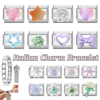 Fashion Heart Bow Knot Butterfly Star Rose Flowers Italian Charm Links Fit 9mm Stainless Steel Bracelet Women DIY Making Gift