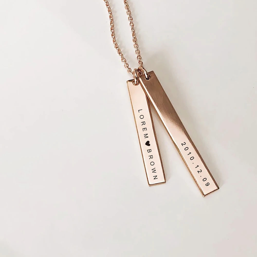 EManco Stainless Steel Long Engraved Necklace Double Pendant Name Personalized Engraved Necklace Birthday Gift