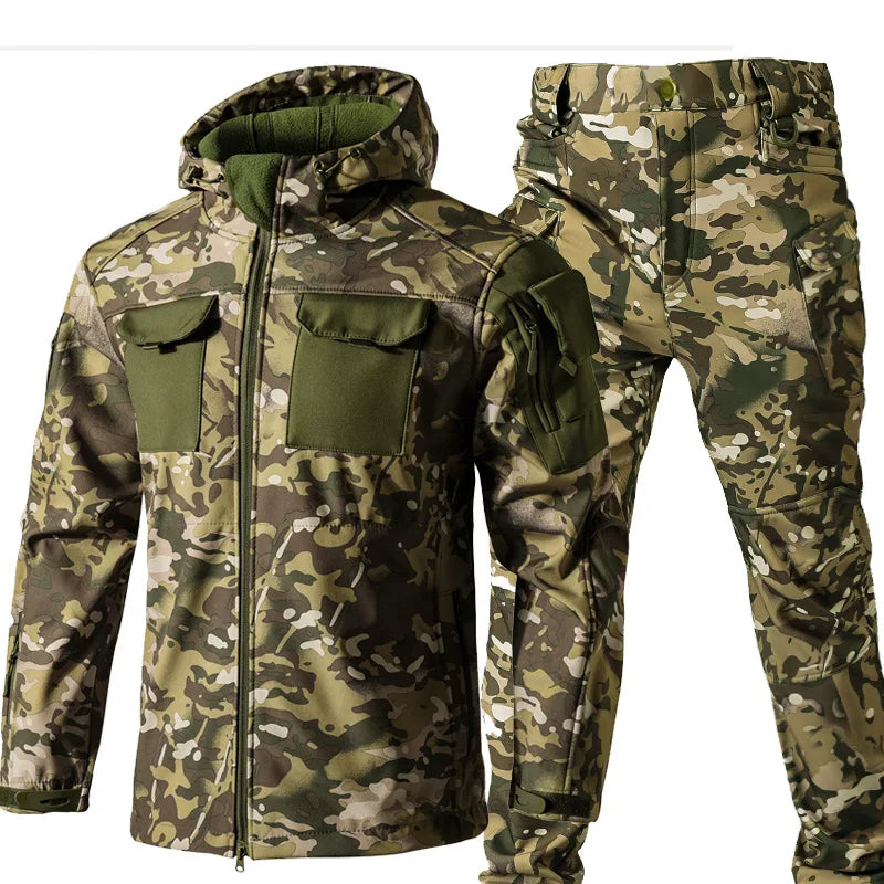 New Shark Shell Beetle Suit Winter Camo Fleece Lined Thickened Softshell Jacket Pants Set Plus Size Windproof Thermal Outdoor Ge