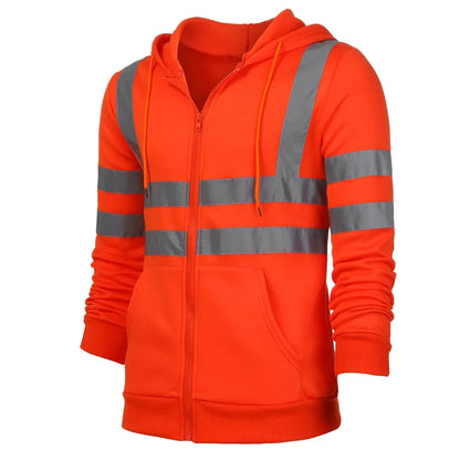 Men Reflective Strip Hoodies Casual Fit Work Safety Jackets Autumn Thin Fleece Hooded Zipper Sweatshirt Coats Workwear For Men
