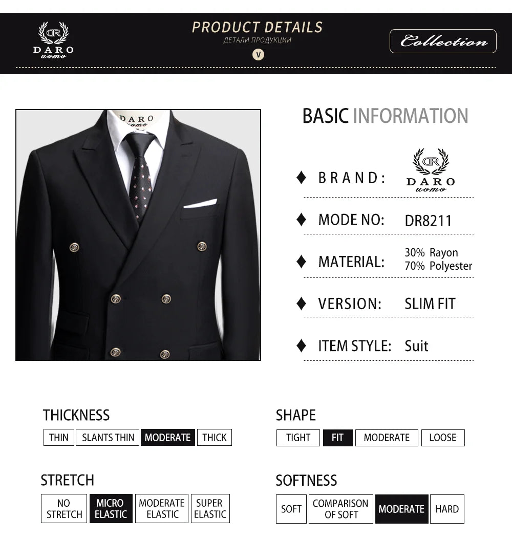 DAROuomo 2026 Men's Slim Fit Formal Business Suit 2Pcs Set - DR8211 (Jacket + Pants) for Work Wear