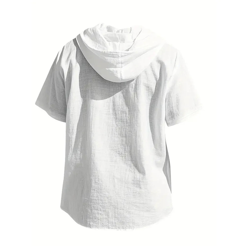 Summer Men's Hooded Cotton Linen Shirt Solid Color Breathable Lightweight Short Sleeve Drawstring Design Tees Male Casual Tops