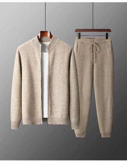 100% Merino Wool Two-piece Suit for Men Autumn Winter Knitting Zipper Cardigan and Slim-fit Pants Warm Thickened Clothing Sets