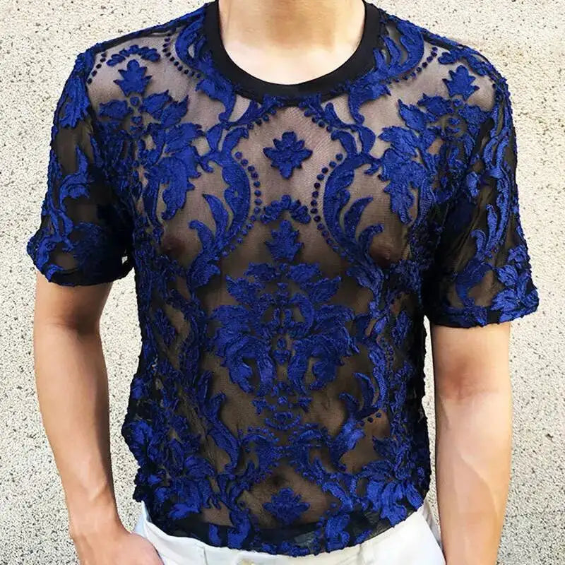 Sexy Round Neck T Shirt Soft Velvet Slim Men Clothing Nightclub Short-sleeved Top Quality Transparent Floral T Shirt See Through