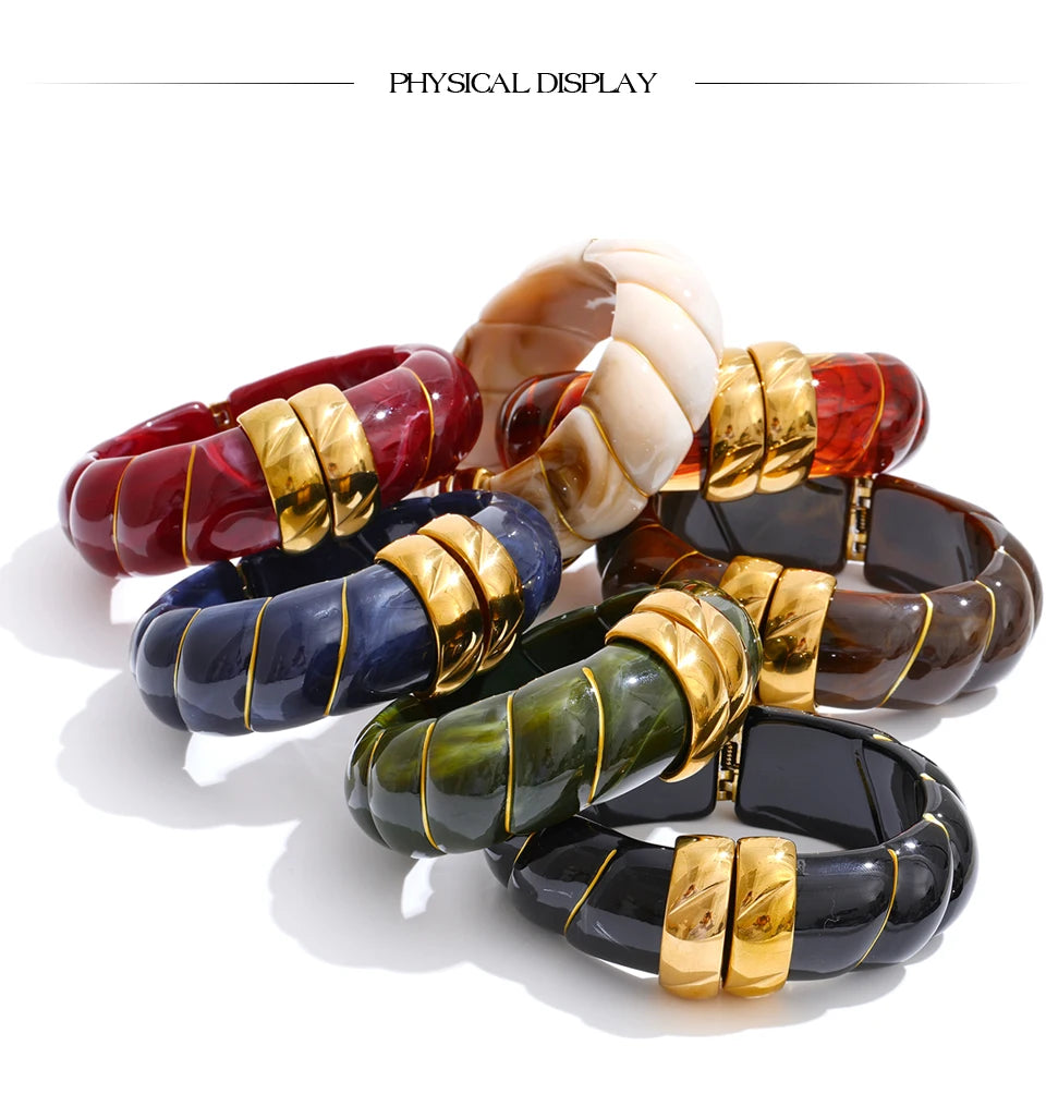 Yhpup Exclusive Multi-Color Acrylic Resin Wide Statement Bracelet Bangle Stainless Steel Autumn Winter Sweater Wrist Jewelry