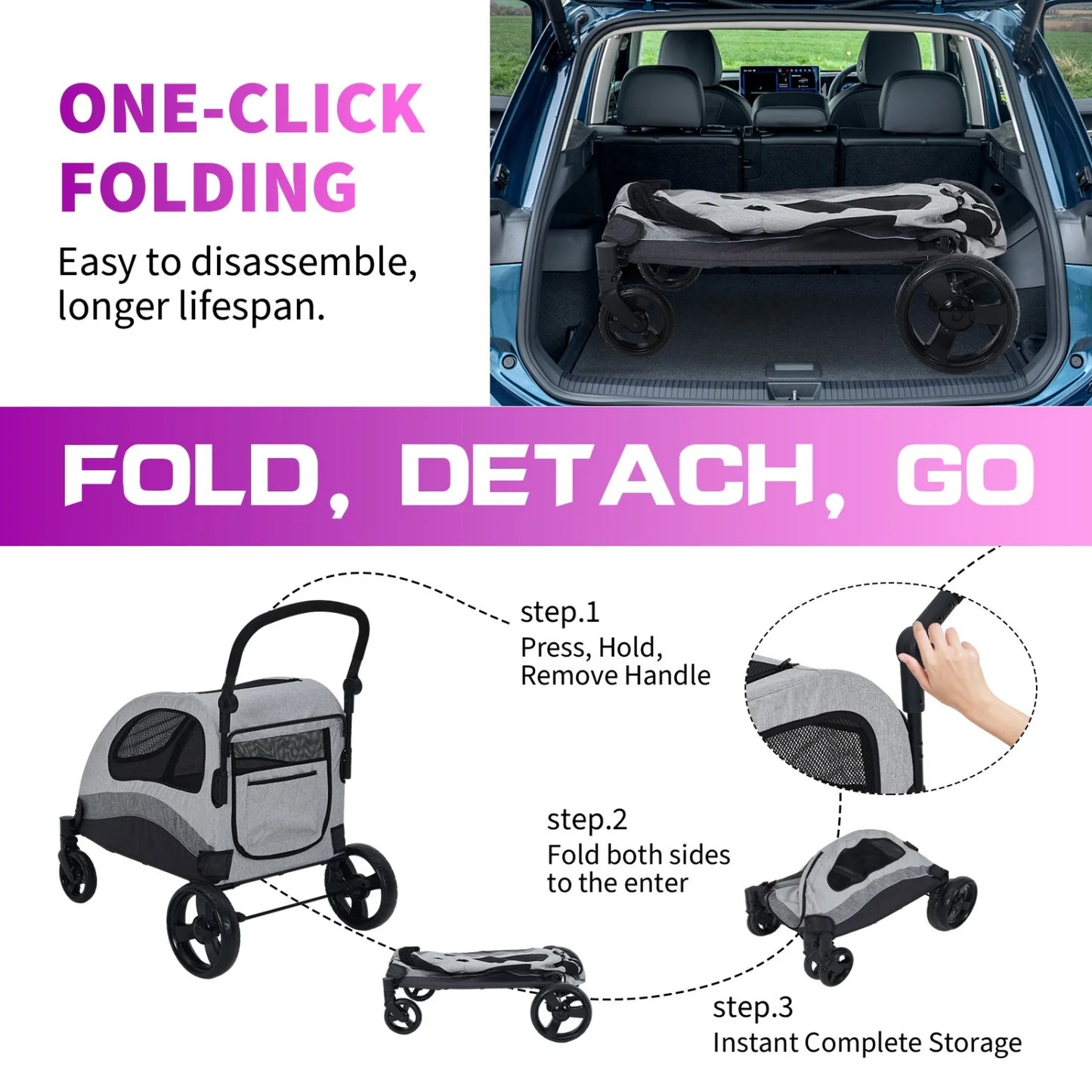 Heavy Duty Pet Wagon & Large Dog Stroller , Collapsible Dog Cart with Adjustable Handle, Breathable Mesh and Storage Pockets