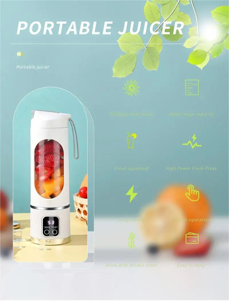 10 Blades Portable Fruit Juicer 450ml Capacity 3 Gears USB Rechargeable Blender Ice Crusher for Shakes and Smoothies Juicer Cup