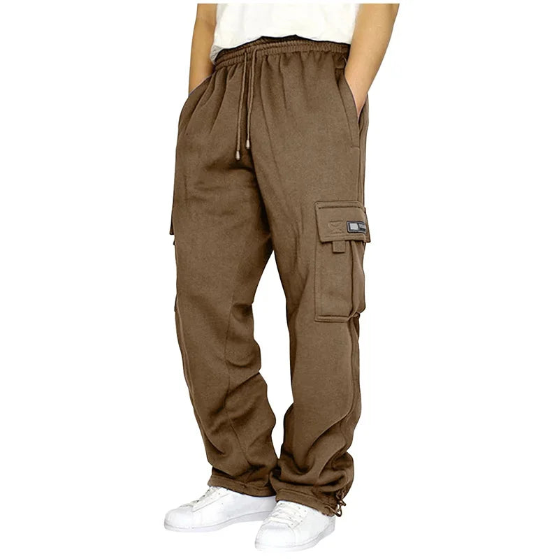 Autumn Winter Fashion Men's Casual Sports Pants Solid Color Multi-Pocket Straight Leg Trousers Loose Large Size Men Cargo Pants