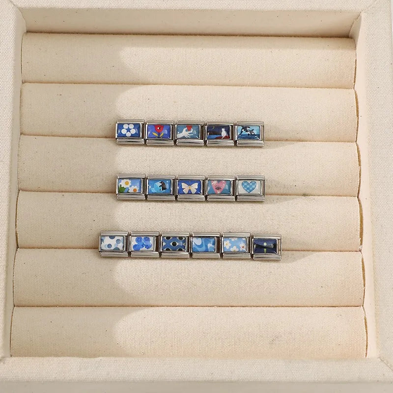 Fashion Blue NO.8 Ball Panda Elephant Cat Flower Italian Charms Fit 9mm Stainless Steel Women Fashion Bracelet DIY Jewelry Gifts