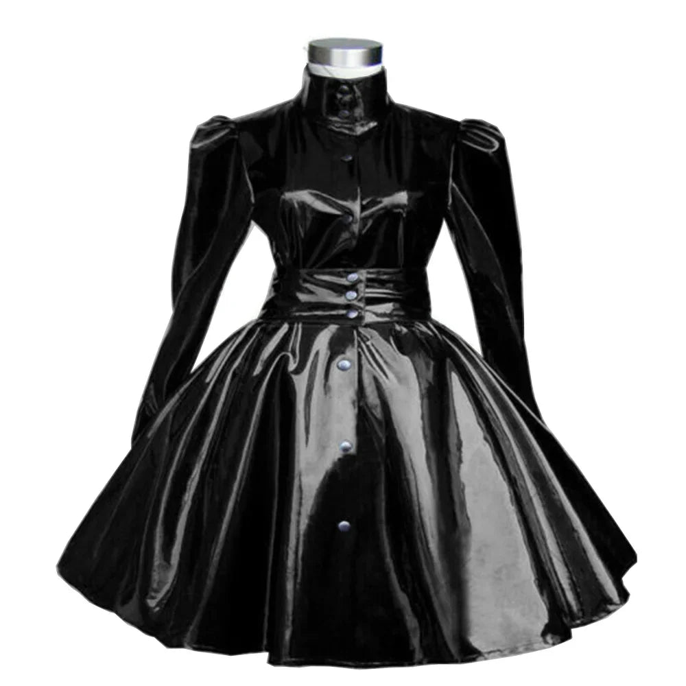Plus Size Sweet Girl Mini Dress PVC Leather High Neck Button Pleated  A-line Dress Preppy Style Back Zipper Long Sleeve Dress