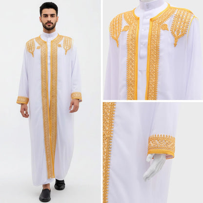 luxury Gold Embroidered Arab Traditional Long Robe Thobe Men's Formal Dress Middle East Ethnic Style Polyester Fiber