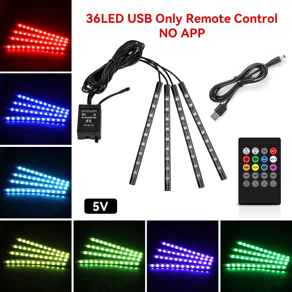 Car Interior Light Ambient Light with USB Cigarette Decorative Lamps RGB Car Footwell Light with Remote/Voice Control