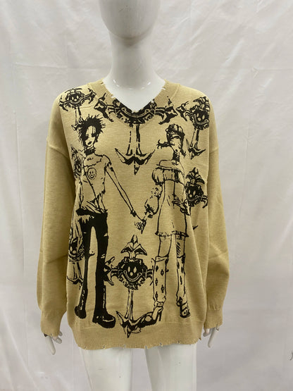 Autumn and winter new dark retro knitted jacquard sweater American street hip-hop trend V-neck loose top Y2k clothing