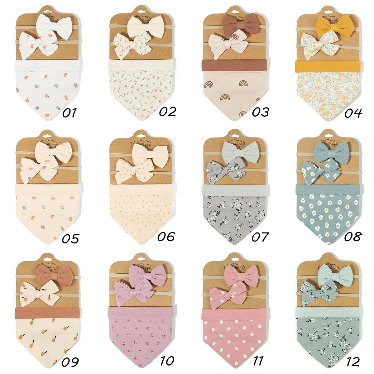 3Pcs/Set Muslin Cotton Print Bib Newborn Bows Headband Triangle Saliva Towel Infant Boy Girl Feeding Burp Baby Hair Accessories