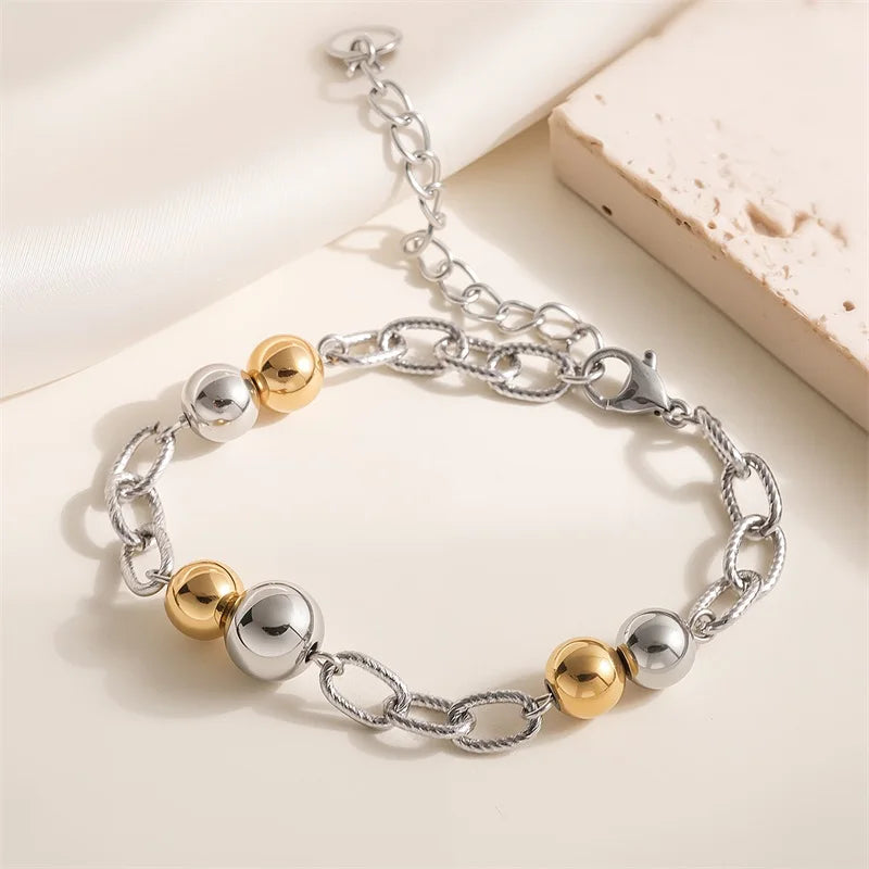 GANPUP 316L Stainless Steel Metal Beads Charms Bracelet Bangle for Women Texture Trendy Wrist Chain Jewelry Gift Bijoux Femme