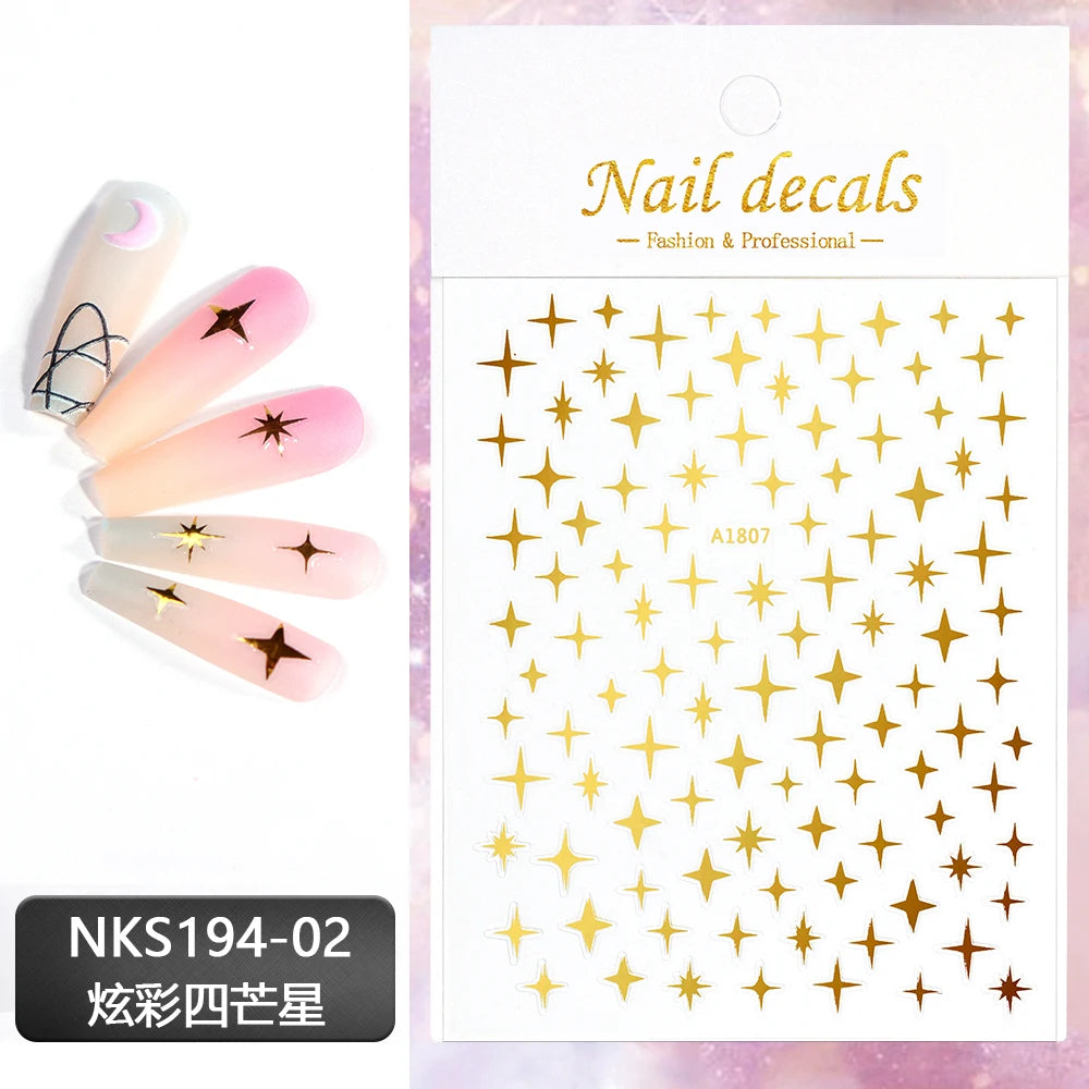 Black White Star 3D Nail Art Sticker Y2K Pentagram Self-Adhesive Decals Laser Shiny Glitters Starlight Manicure Ornaments Slider