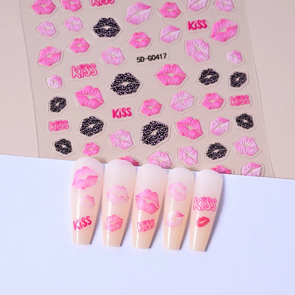 1sheet 5D Sexy Red Lips Nail Decal Stickers KISS Love Heart Valentine's Day Self-adhesive Nail Slider DIY Romantic Nail Decor