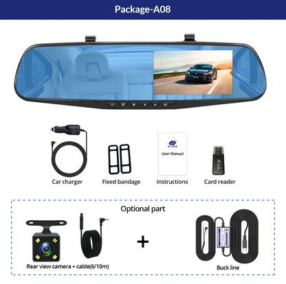4.3 Inch 1080P Night Vision Camera Dual Lens DVR  Rearview Mirror Dashcam Car Dvr Dash Camera Car Video Recorder Auto Bluck Box