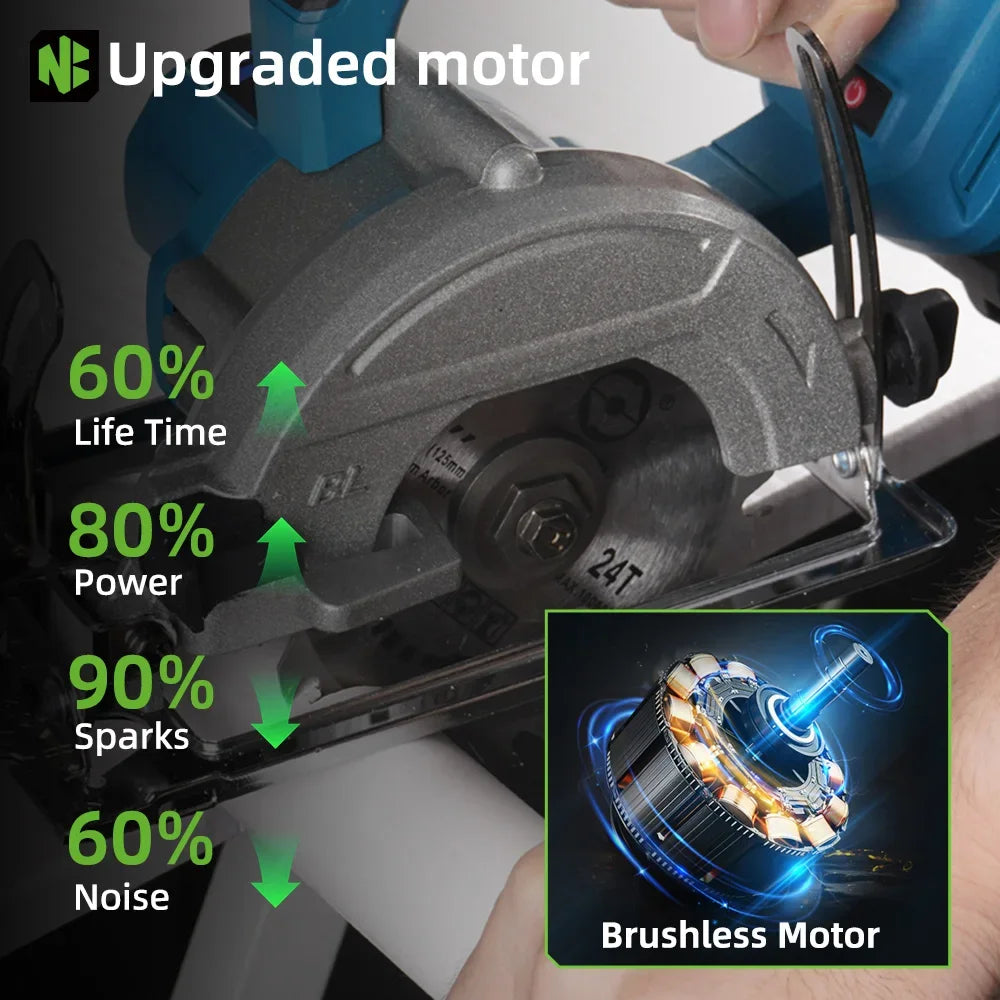 NEWBENY 5 Inch 125MM Brushless Circular Saw Cordless Electric Saw Multifunction Wood Cutting Power Tool for Makita Battery Pin