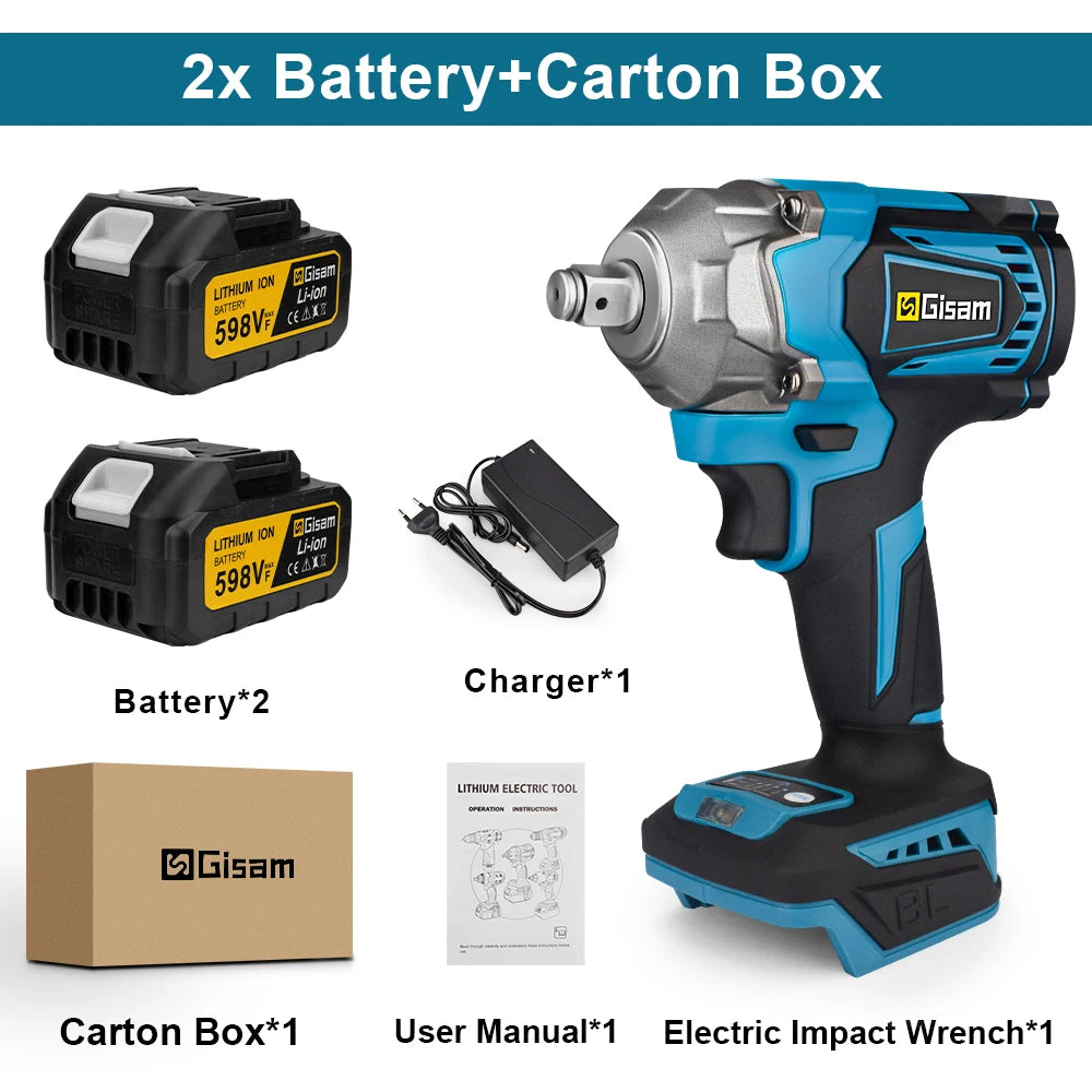 Gisam 1200N.M Torque Brushless Electric Impact Wrench 1/2 inch Cordless Wrench Screwdriver Power Tool for Makita 18V Battery Pin
