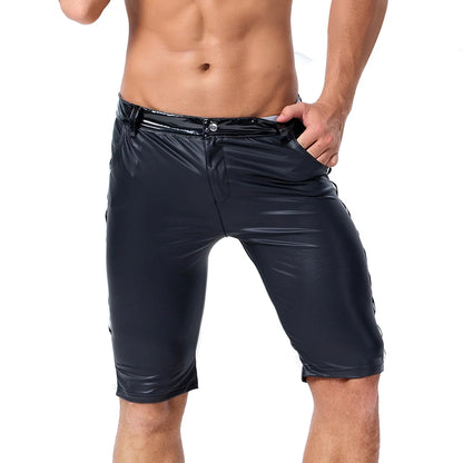 Mens Faux Leather Shorts Pants Patchwork Side Button Pocket Casual Pencil Trousers Party Clubwear Stage Pants Streetwear 2XL