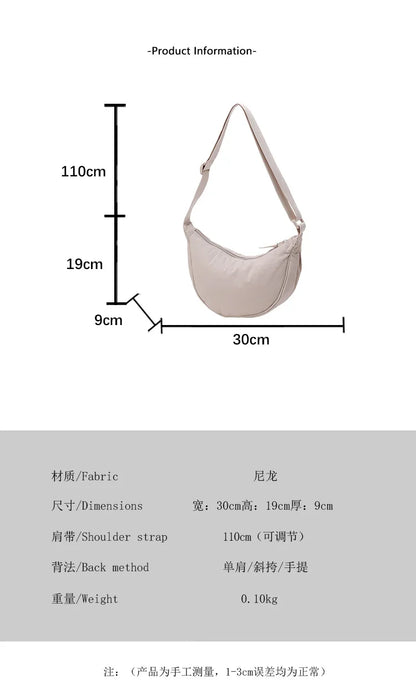 Nylon fabric zipper crossbody bag for men and women, crescent-shaped dumpling bag under the armpits, large capacity