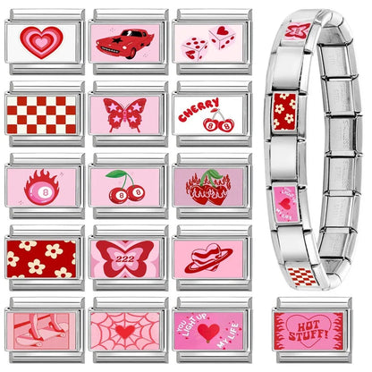 Wholesale Sweet Pink Series Stars Heart Flowers Butterfly Italian Link Fit 9mm Stainless Steel Bracelet Making DIY Charm Jewelry