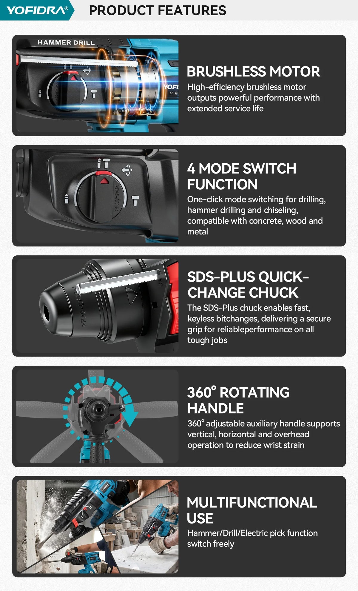 YOFIDRA 26MM Brushless Electric Hammer Drill Multifunctional Rotary Cordless Rechargeable Power Tools For Makita Battery Pin