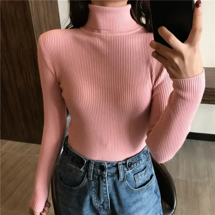 2026 Autumn Winter Sweater Women Knitted Ribbed Pullover Sweater Long Sleeve Turtleneck Slim Jumper Soft Warm Pull Femme
