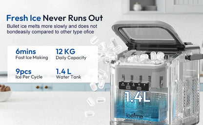 LOEFME Portable Ice Maker 1.4L 12kg/24H Fast Ice Cube Machine Self Cleaning Countertop Ice Maker for Home Kitchen Office Camping RV Party Bar Automatic Ice Making Machine Low Noise Energy Saving Easy Operation Large Capacity