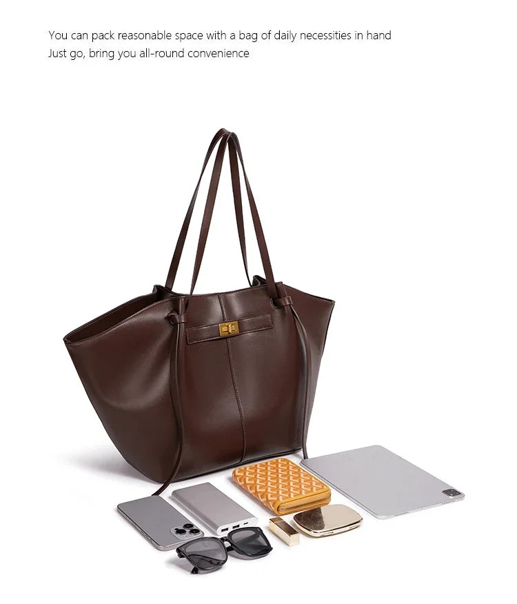 Fashion Large Capacity Trapeze Women Shoulder Bags Designer Metal Lock Handbags High-Quality Pu Leather Big Tote Commute Bag