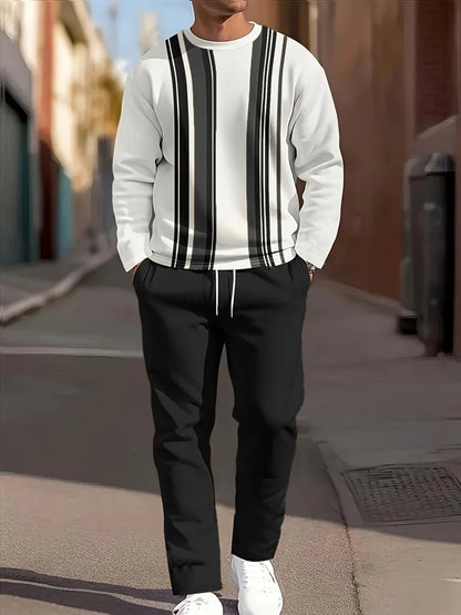 Autumn Casual Men's Long-Sleeve Set Trendy Gradient Print Outdoor Crew Neck Long-Sleeve Top & Casual Pants Two-Piece Set