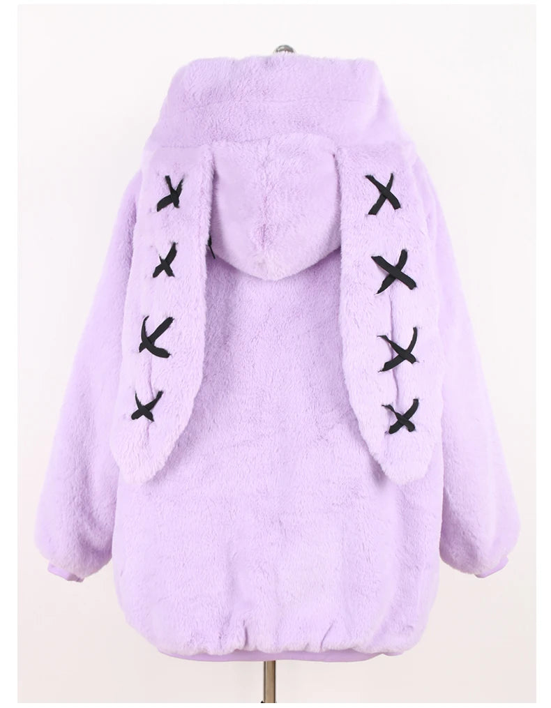 Nerazzurri Autumn Winter Sweet Cute Kawaii Soft Thick Warm Faux Fur Coat Women with Bunny Ears Cute Fluffy Jacket Hoodie 2024