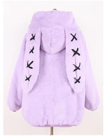 Nerazzurri Autumn Winter Sweet Cute Kawaii Soft Thick Warm Faux Fur Coat Women with Bunny Ears Cute Fluffy Jacket Hoodie 2024