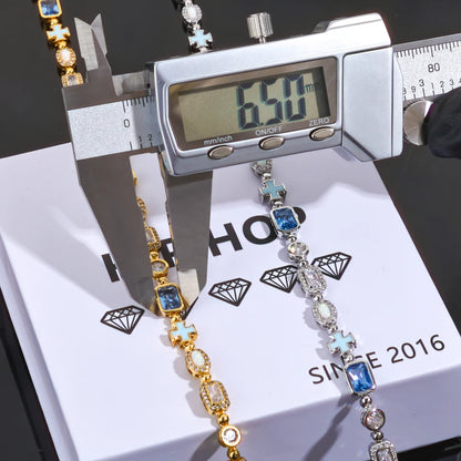 ESKEEM 6mm Geometric Blue Gemstone Necklace Oil Drip Cross Pendant Iced Out CZ Stones Opal Chain Hip Hop Jewelry Men Women Gift