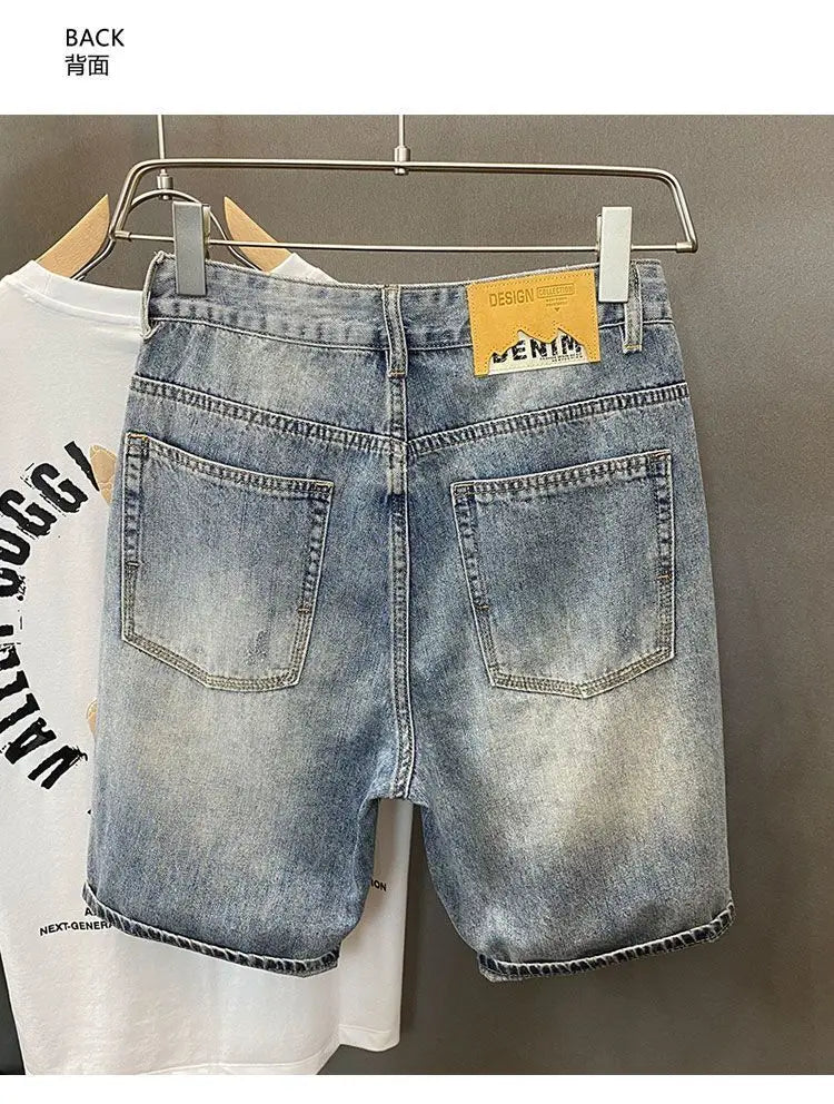 Summer Trendy Brand Handsome Denim Shorts Men's Washed Embroidered Patch Trendy Short Pants Ripped Slim-fit Elastic Middle Pants
