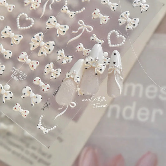 Shell Light Nail Stickers Small Fresh White Bow Ribbon Nail Charms Stickers Self Adhesive Nails 3D Decorations Parts DIY Decals