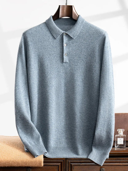 ANGEL 2024 Men's New POLO Shirt 100% Cashmere Knitted Pullover Solid Color Sweater Fall Winter Casual Business Office Jacket