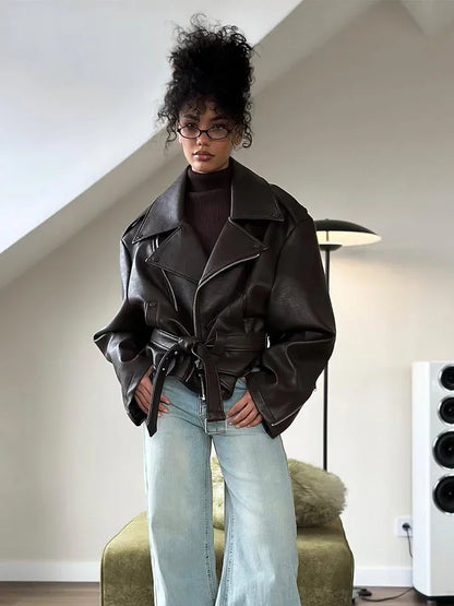Retro Brown Lace Up Lapel Leather Jacket Women Fashion Zipper Pocket Full Sleeve Short Coat 2025 New Autumn High Street Outwears