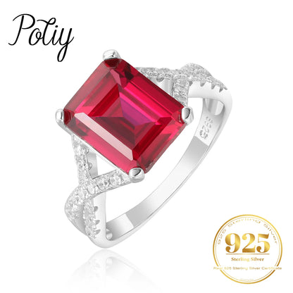 Potiy 4.16ct Created Red Ruby 925 Sterling Silver Wedding Engagement Promise Ring for Women Fashion Party Jewelry Gift