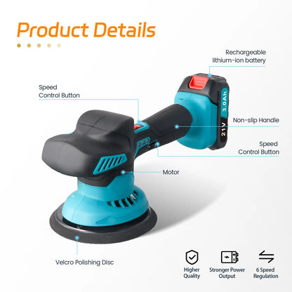 Podofo Car Polisher Waxing Machine 6 Adjustable Speeds with 2*21V Batteries Electric Rechargable Waxing Polishing Tool for Car