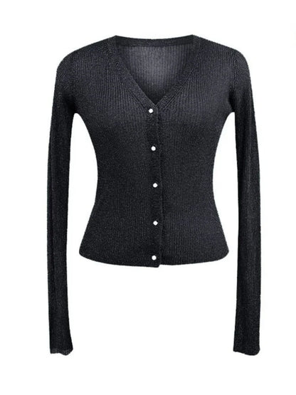 Women Shiny Gold Thread Spring Summer Ice Silk Knitted Cardigan Ribbed Pearl Button Sun Protection Top V-neck Ice Silk Knitwear