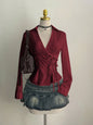 Women's Casual Side Strap Slim Fit Long Sleeve Shirt Sexy V-Neck Pleating Top Spring/Fall 2026