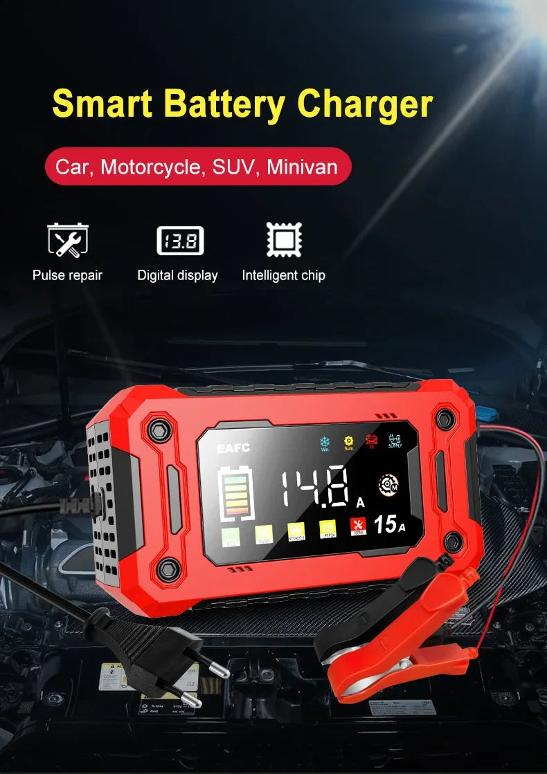 12V 8A /12V 15A Car Battery Charger | One-Touch Pulse Repair & Auto Start | All-in-One Fast Charger for Car, Motorcycle, Truck