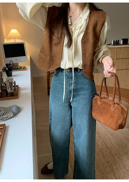 Retro Vests Women V-neck Single Breasted All-match Korean Style Spring Autumn Layering Outerwear Cozy Vintage Loose Comfortable