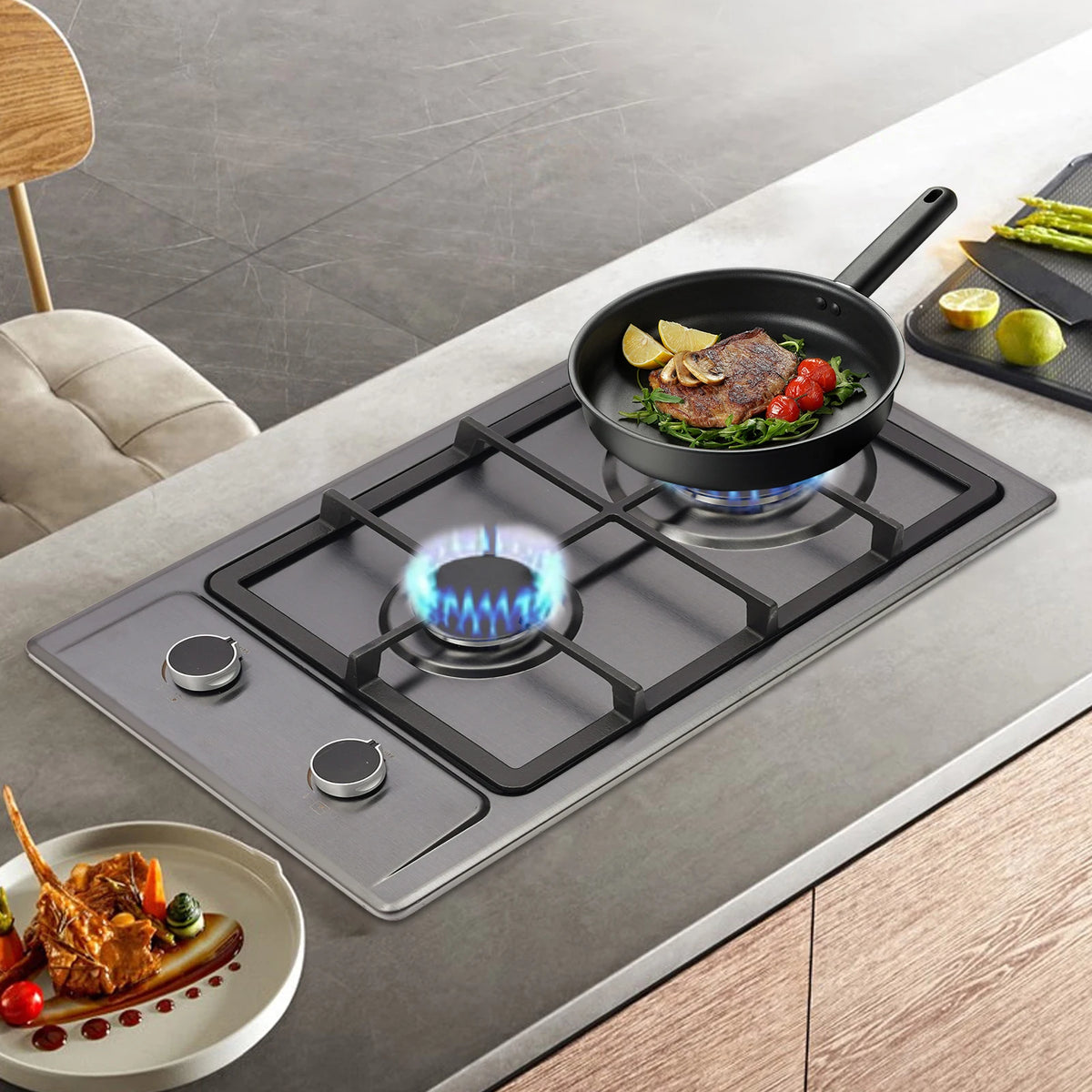 2-Burner Stainless Steel Gas Hob 3KW+1.75KW Portable Gas Stove Countertop/Flush Mounted 51*31*10cm