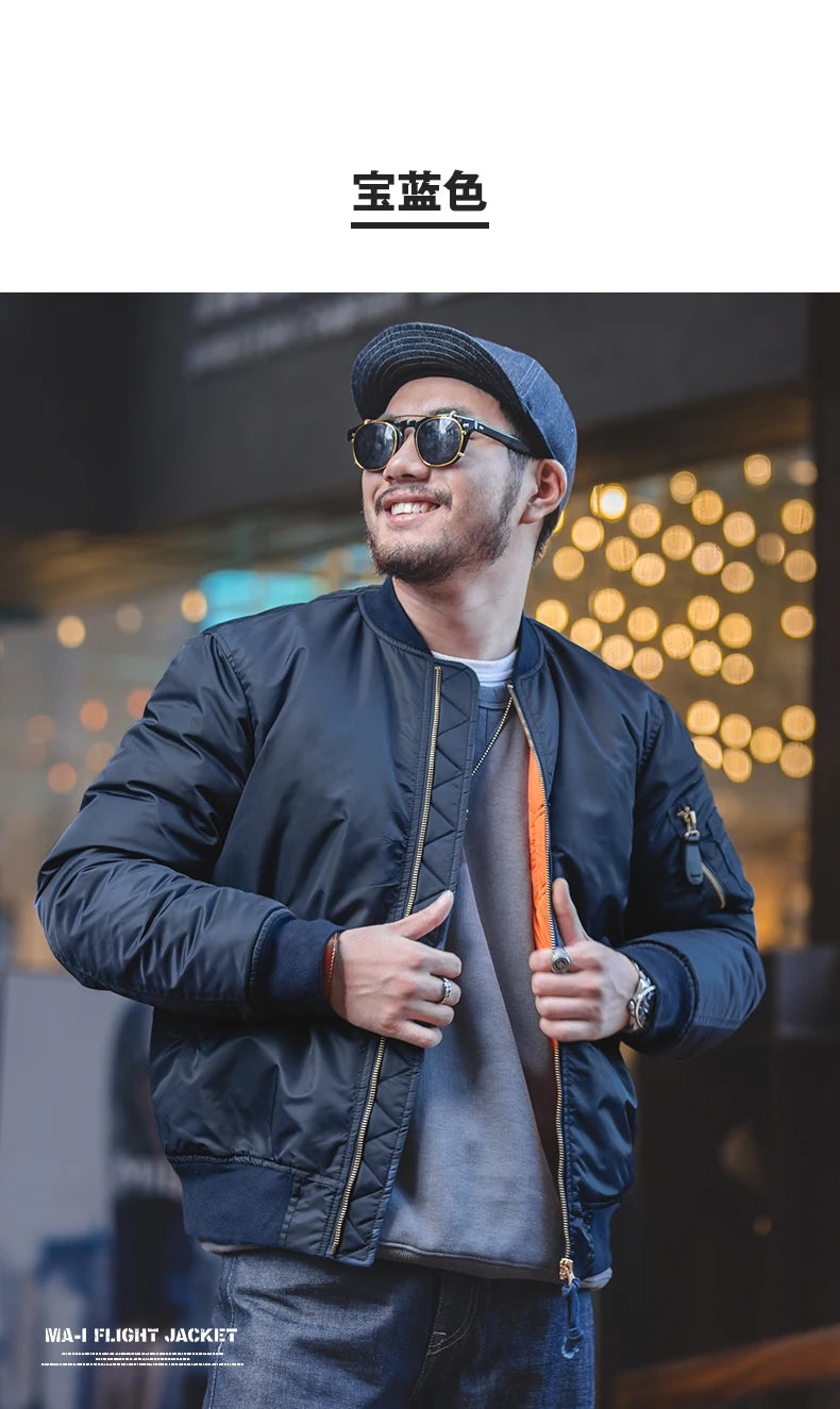 Maden Vintage MA1 Pilot Jacket Green Thickened Cotton-padded Jacket Casual Baseball Pockets Flight Zipper Outwear for Men's Fall