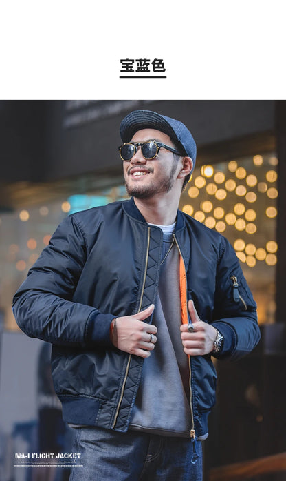 Maden Vintage MA1 Pilot Jacket Green Thickened Cotton-padded Jacket Casual Baseball Pockets Flight Zipper Outwear for Men's Fall